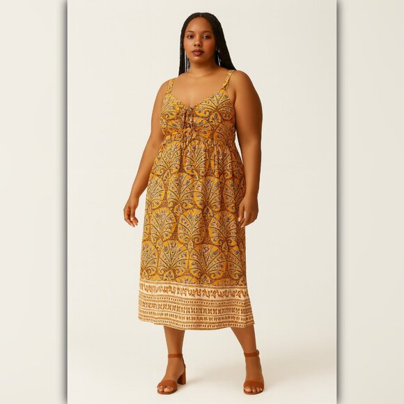 A465 • Boho Orange Paisley Border Print Midi Dress - Picture 1 of 4